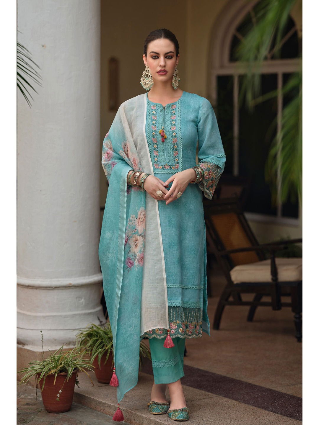 413 Women Linen Cotton Embroidered Kurti With Bottom Dupatta
